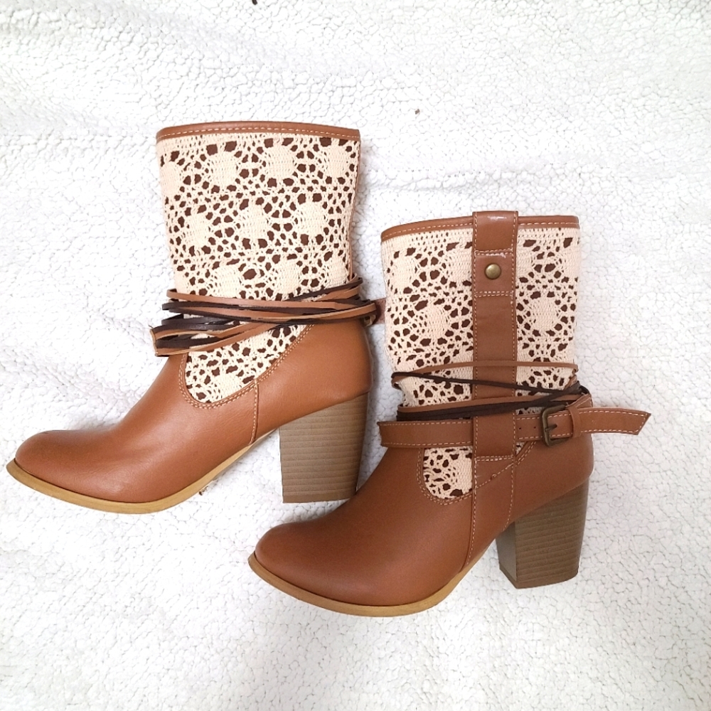 Booties with a lace overlay and straps
